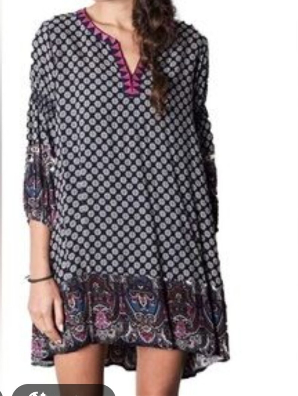 Boho Tunic Dress Navy Blue Pink Embroidered Women's Size Small Knee Length Flowy
